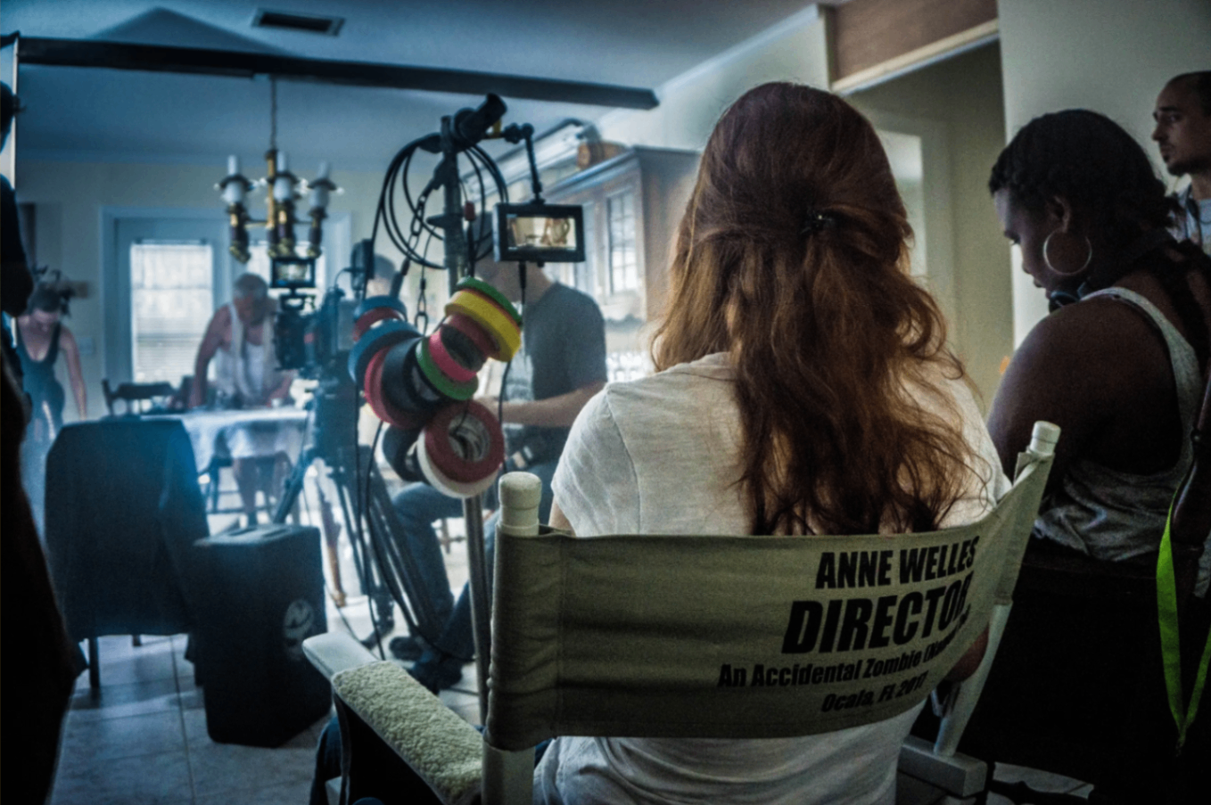 Anne Welles in her director's chair on the set of An Accidental Zombie, Ocala FL